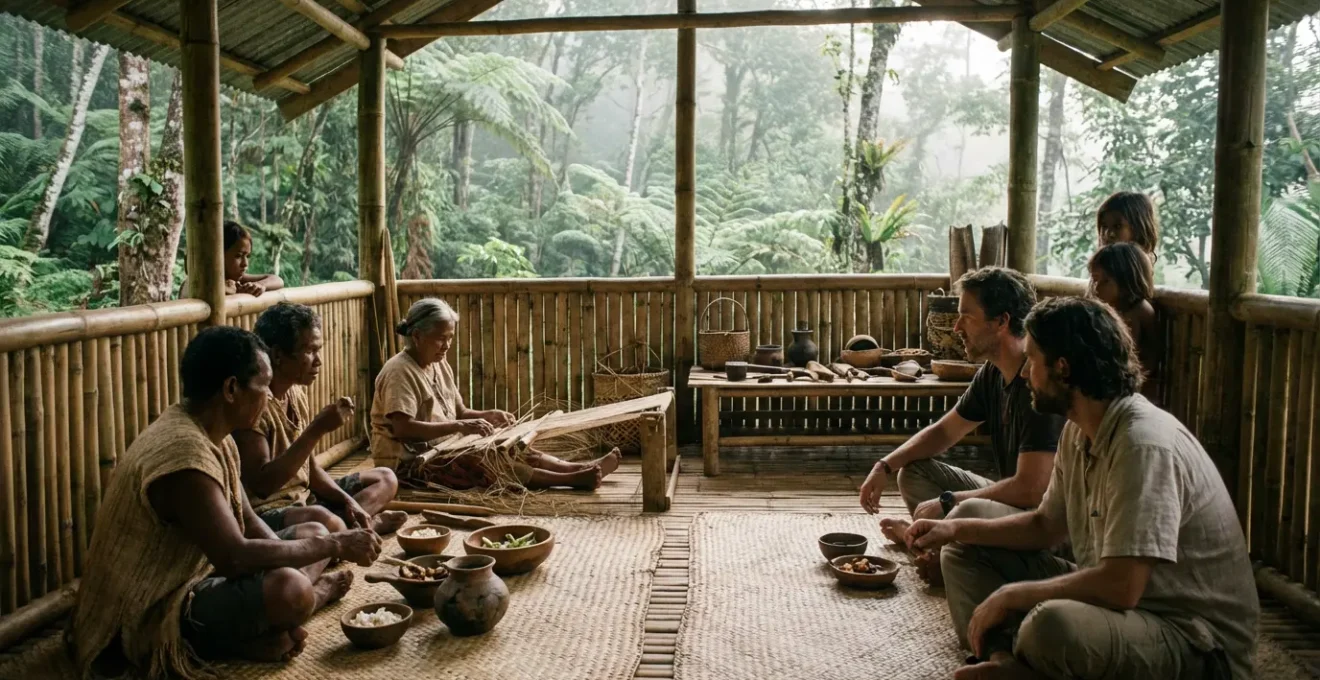 Traditional Aeta bamboo dwelling with modern visitors sharing a meal under natural canopy light