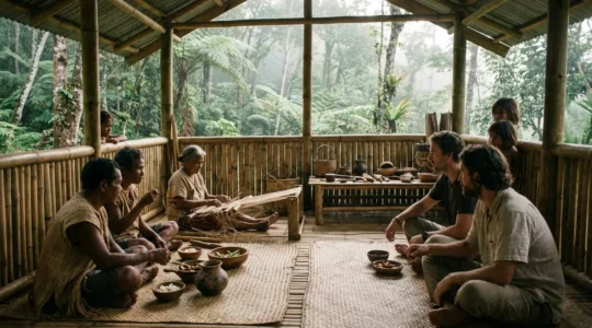 Traditional Aeta bamboo dwelling with modern visitors sharing a meal under natural canopy light