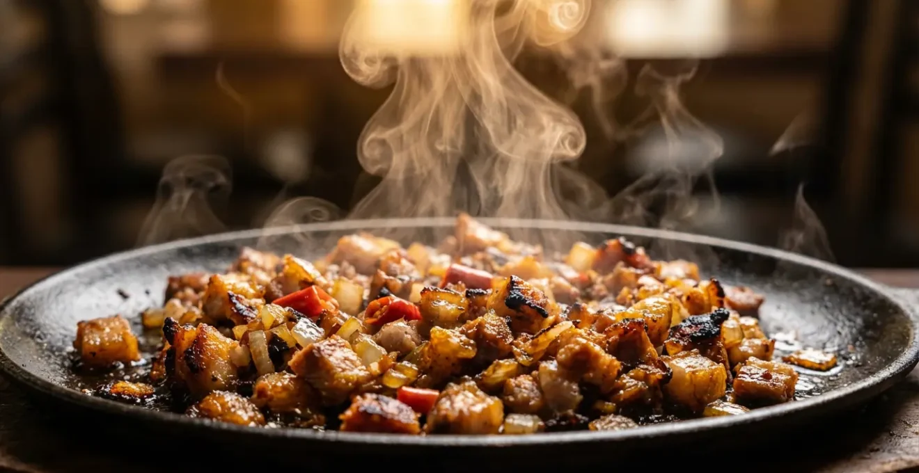 Sizzling authentic Kapampangan sisig on hot cast iron plate with caramelized pork bits