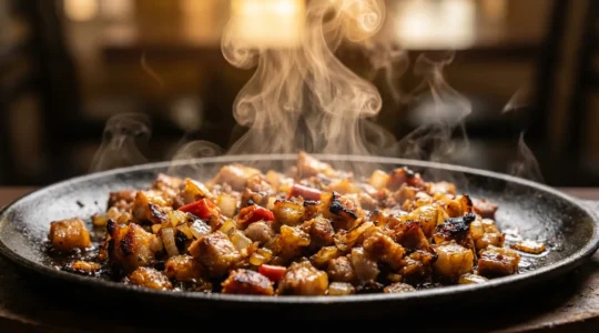 Sizzling authentic Kapampangan sisig on hot cast iron plate with caramelized pork bits