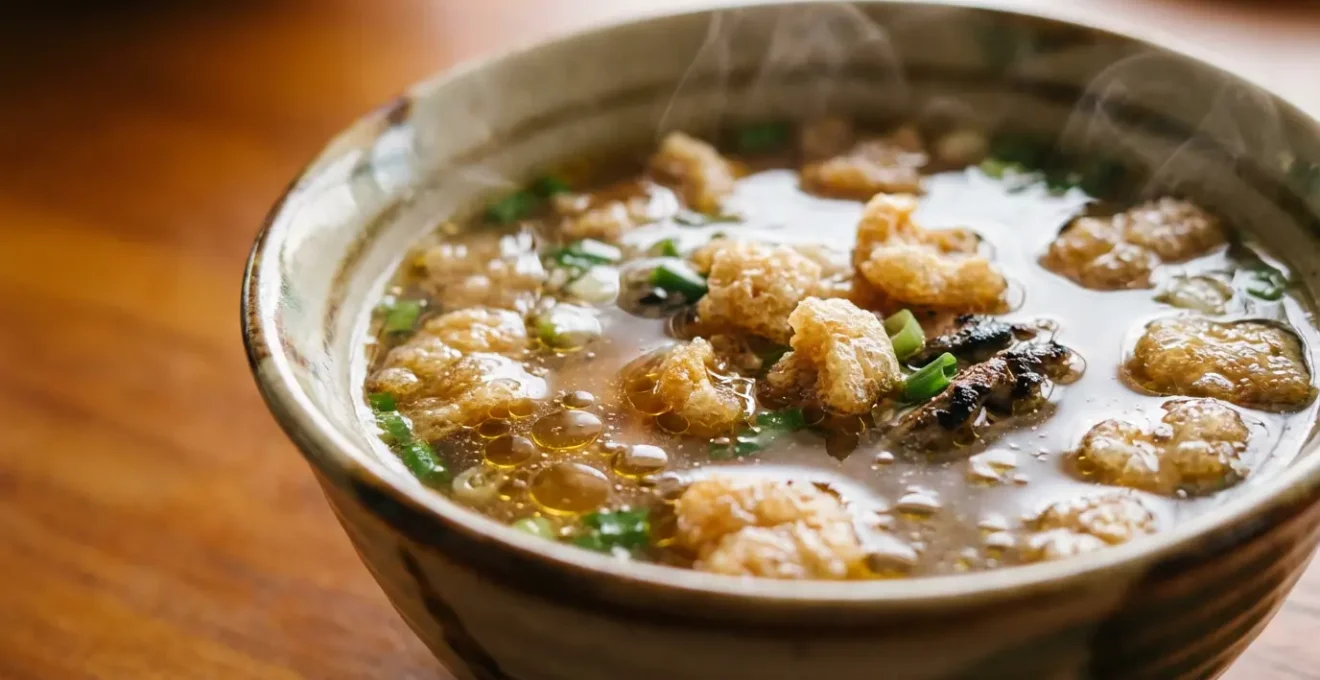 Traditional La Paz Batchoy bowl with steaming broth and fresh ingredients