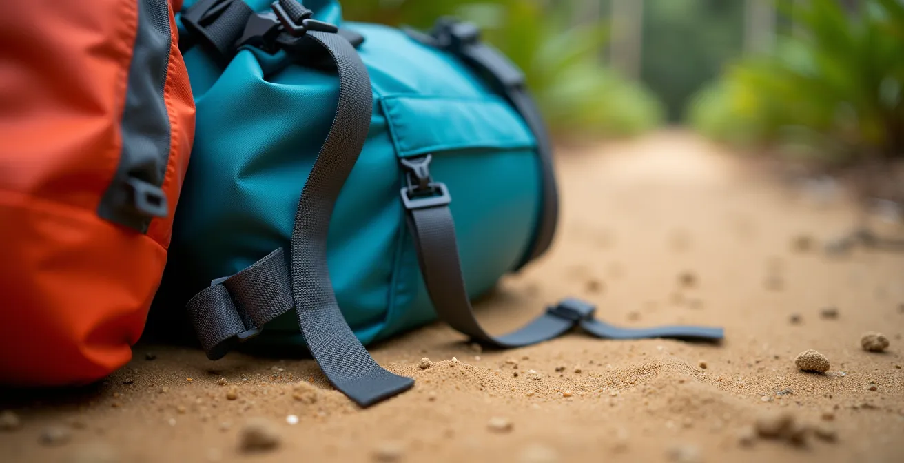 Organized backpack with dry bags on sandy beach path
