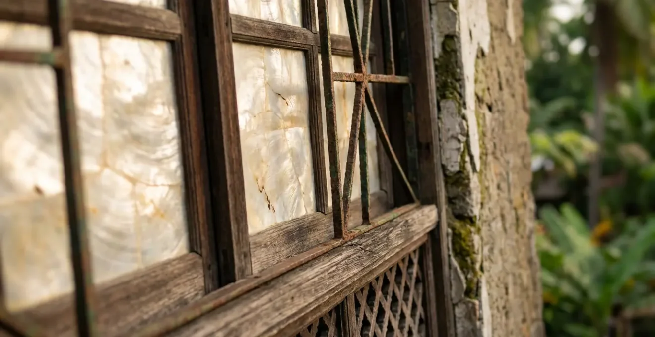 Close-up view of traditional Philippine colonial house showing capiz shell windows and wooden details