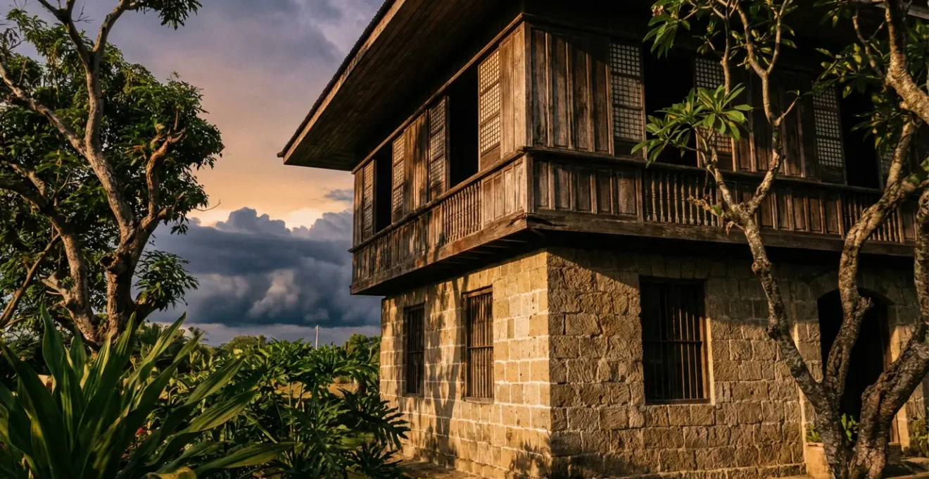 Traditional Philippine Bahay na Bato showcasing two-story architecture with stone base and wooden upper floor