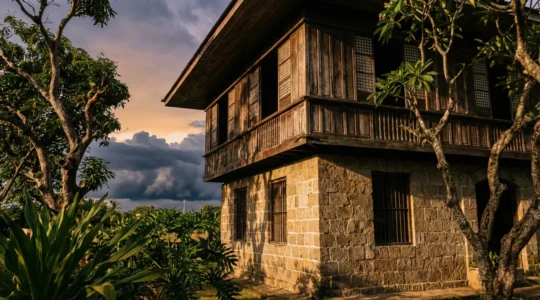 Traditional Philippine Bahay na Bato showcasing two-story architecture with stone base and wooden upper floor