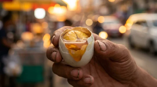 Close-up of a partially peeled balut egg revealing golden broth and textured contents against warm evening light