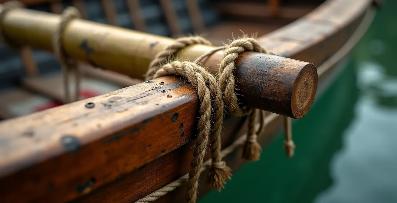 Close-up macro view of traditional banca boat bamboo outrigger connections and wooden hull details