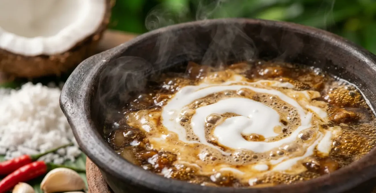 Overhead view of coconut milk being poured into adobo with regional Bicol ingredients