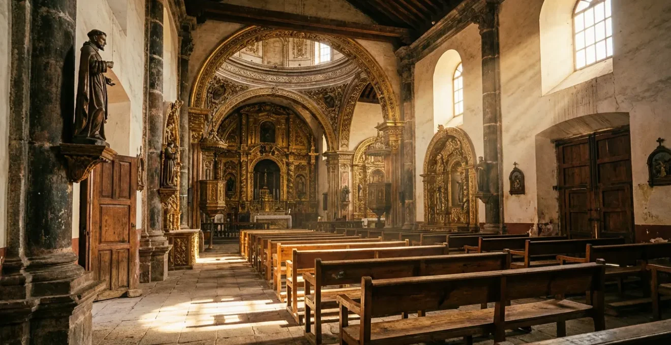 Interior of a colonial church showing ornate baroque details and natural lighting