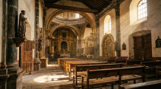 Interior of a colonial church showing ornate baroque details and natural lighting