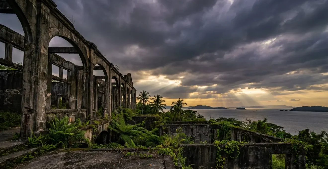 Wide angle view of Corregidor Island ruins against dramatic tropical sky