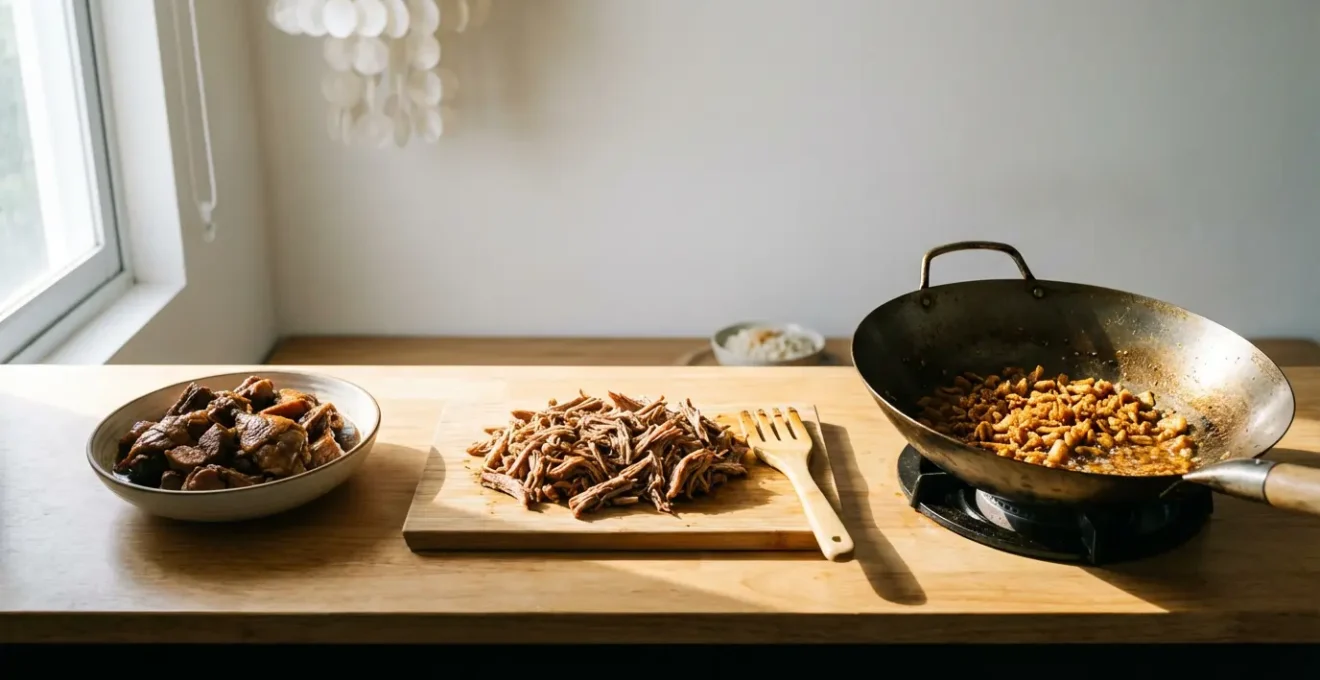 Close-up of shredded adobo meat being transformed into golden crispy flakes