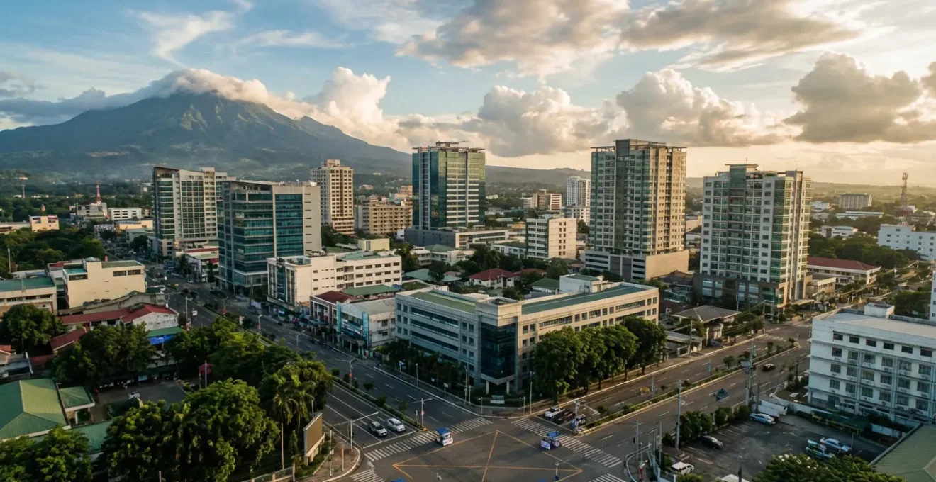 Aerial panoramic view of Davao City's modern skyline with Mount Apo in the background