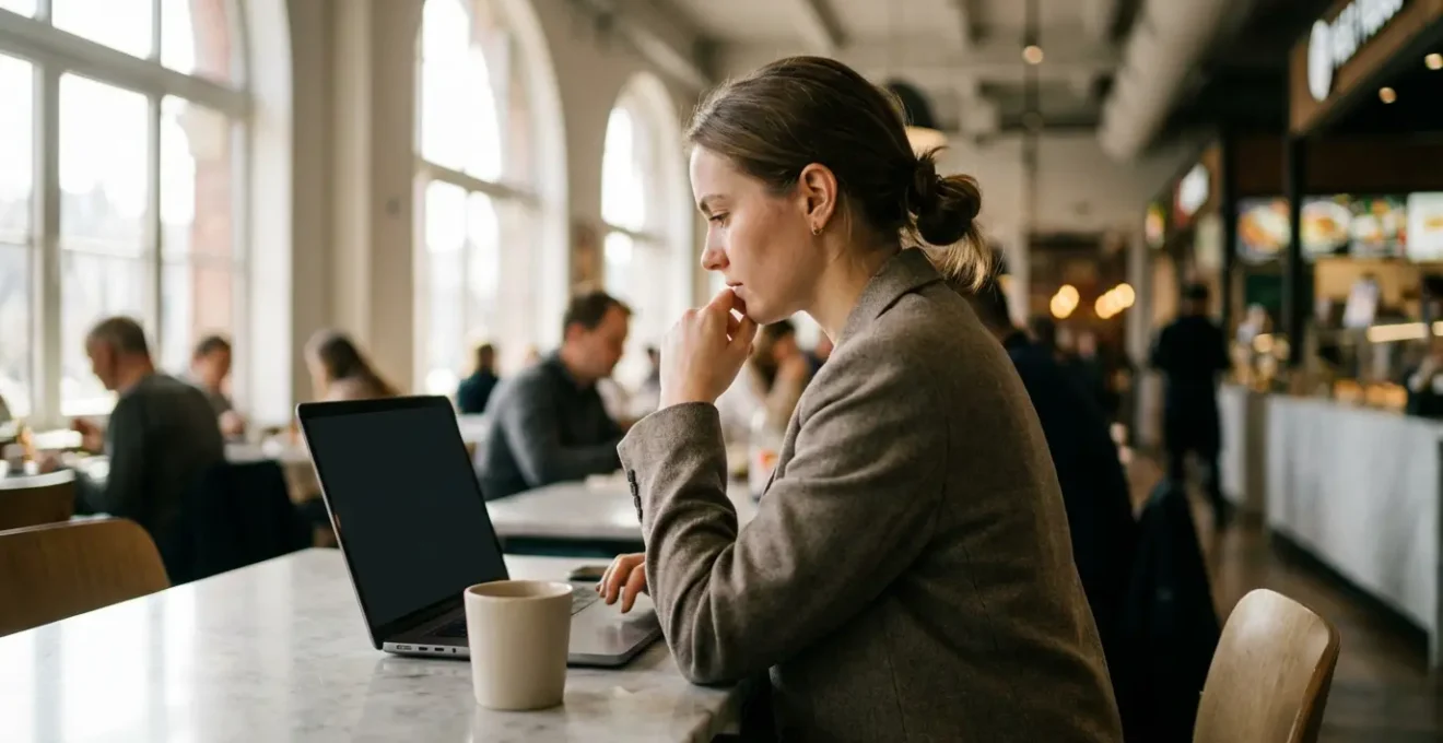 Digital nomad working on laptop in bright mall food court with power outlets visible