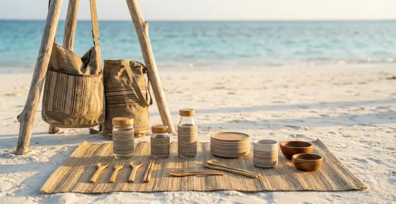 Minimalist camping setup on white sand beach with proper waste management system