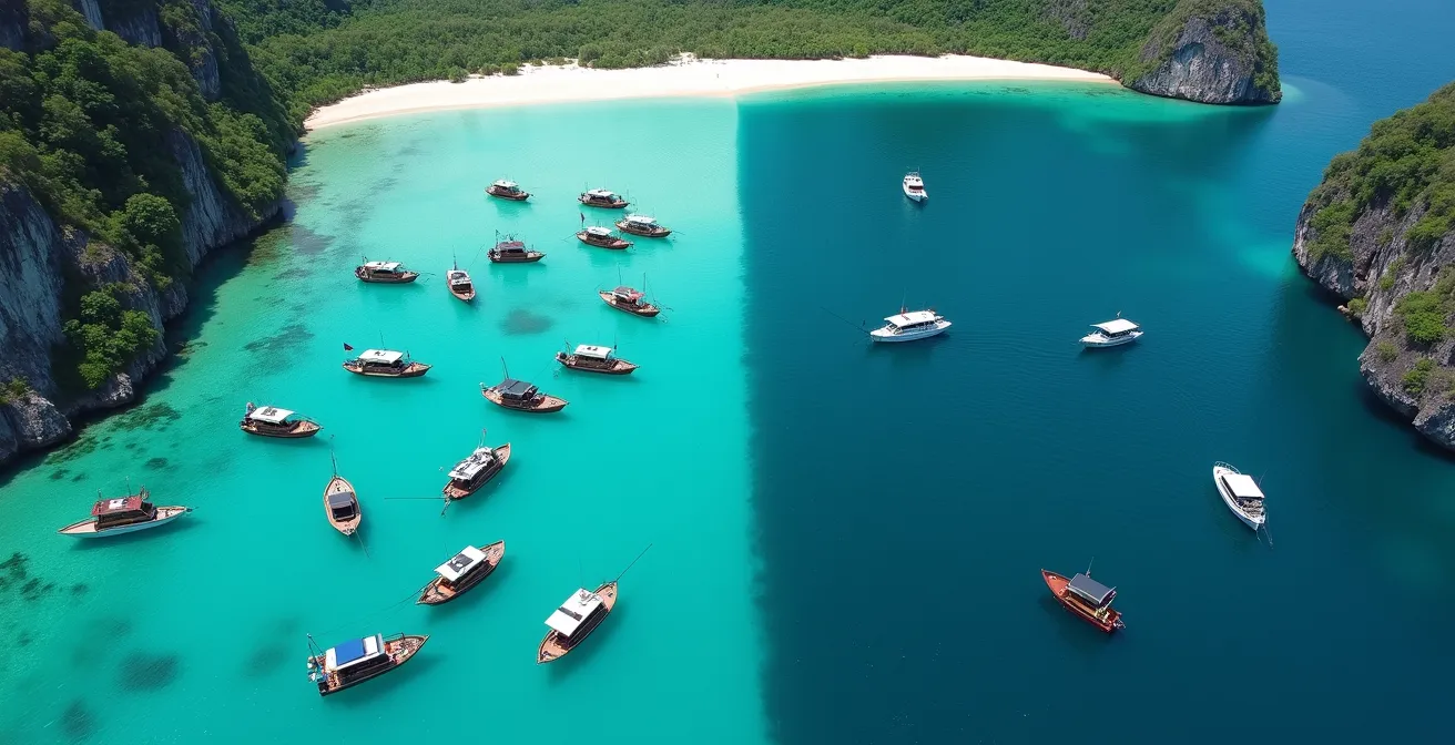 Aerial comparison view of limestone karst formations and turquoise lagoons in Philippines