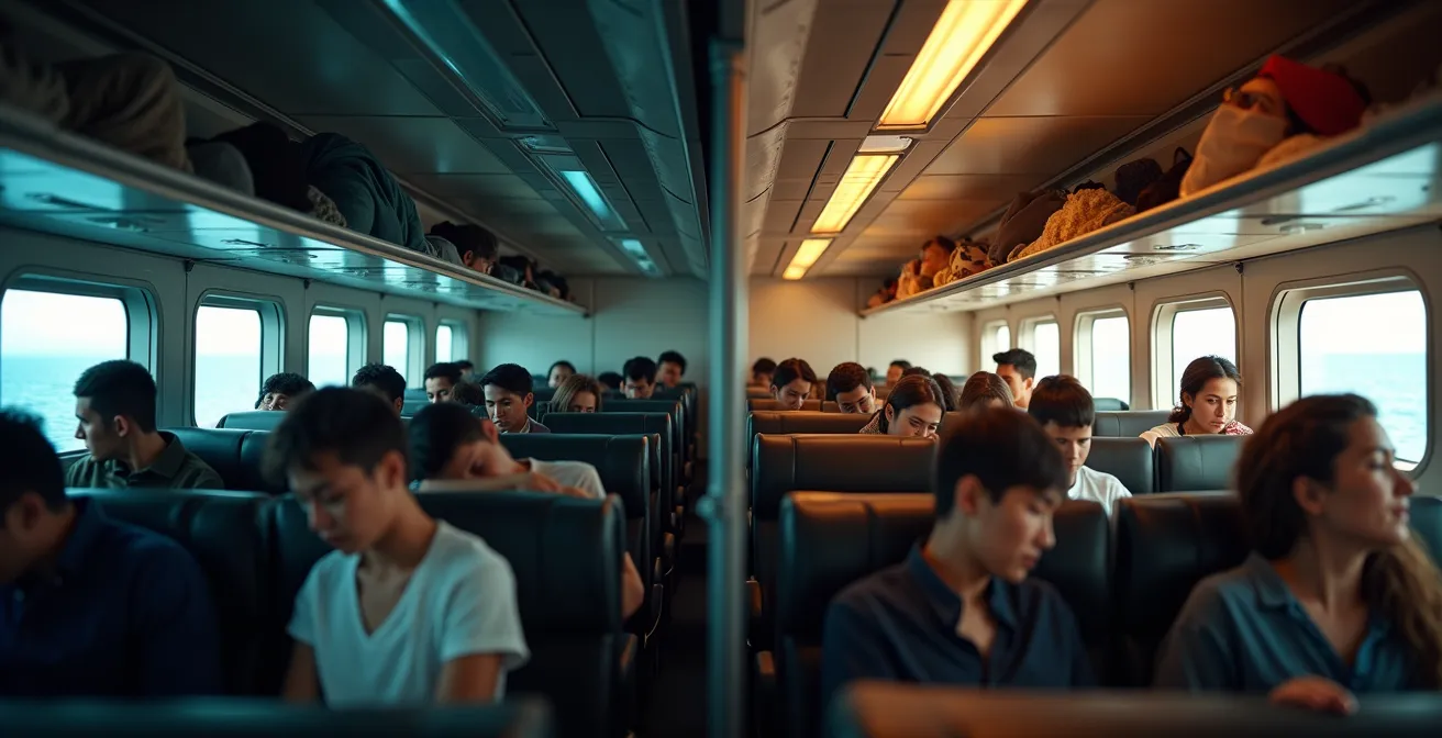 Split view interior showing contrast between basic bunk area and air-conditioned tourist class seating
