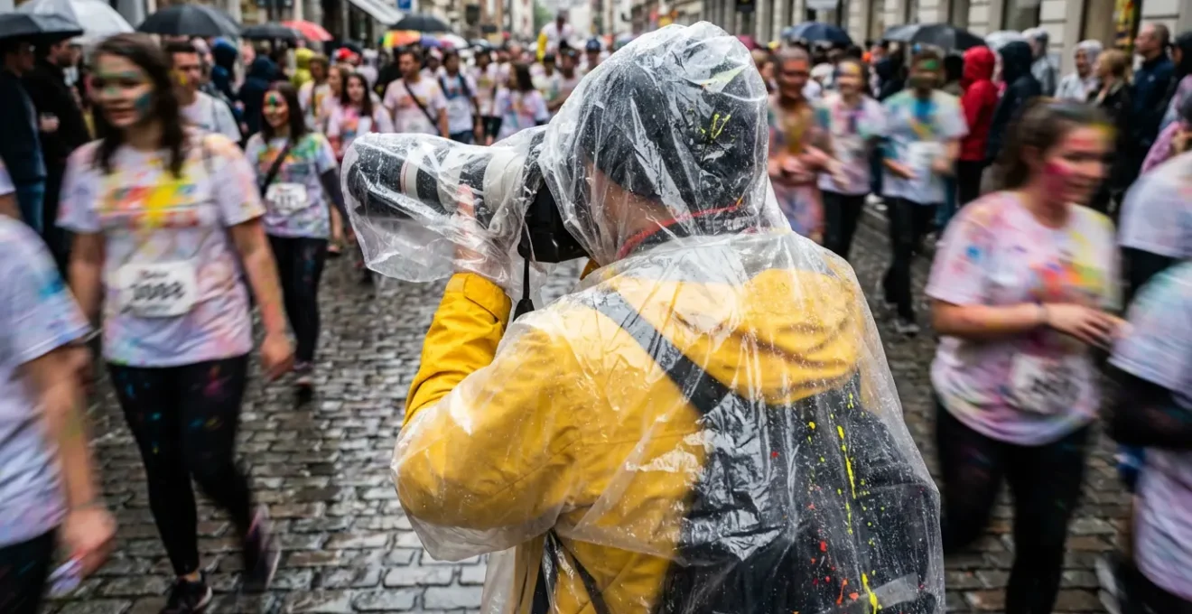 Street photographer wearing protective rain cover on camera while navigating colorful festival crowd