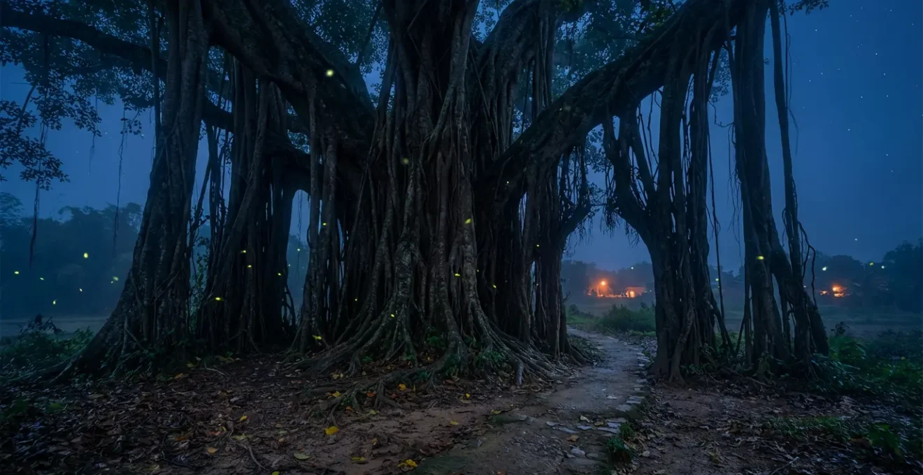 A massive ancient Balete tree at dusk with hanging aerial roots creating mysterious shadows