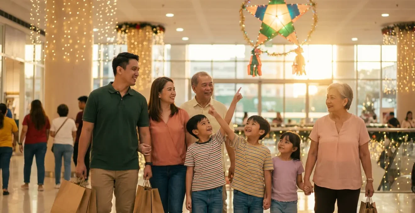 Festive Christmas decorations in Philippine mall with families shopping during Ber months