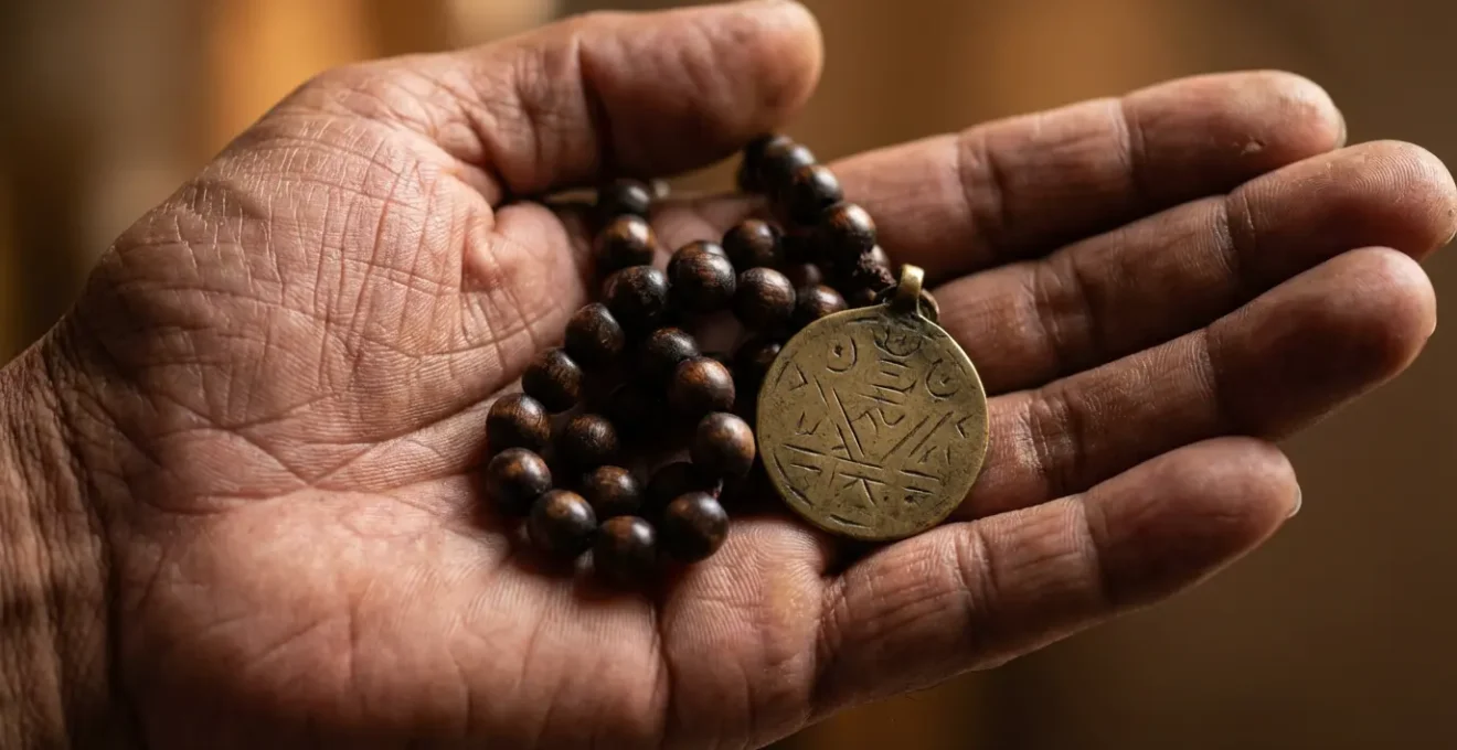 Close-up of weathered hands holding both rosary beads and a traditional amulet