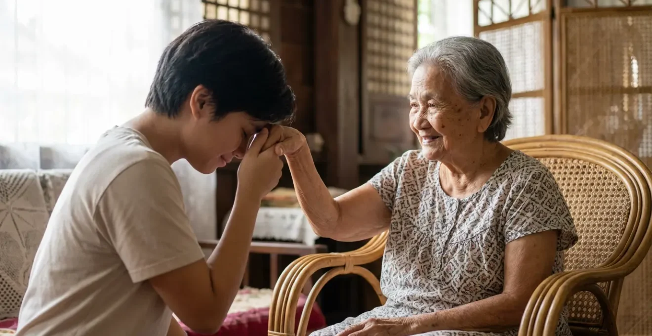 A young person respectfully performing the mano po gesture to a Filipino elder in traditional setting