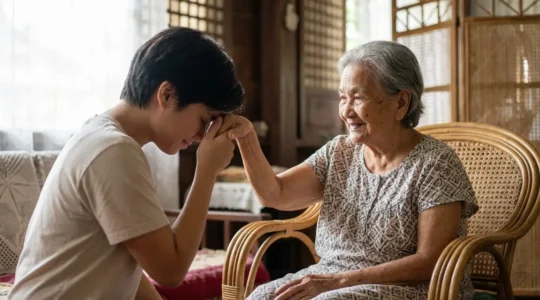 A young person respectfully performing the mano po gesture to a Filipino elder in traditional setting