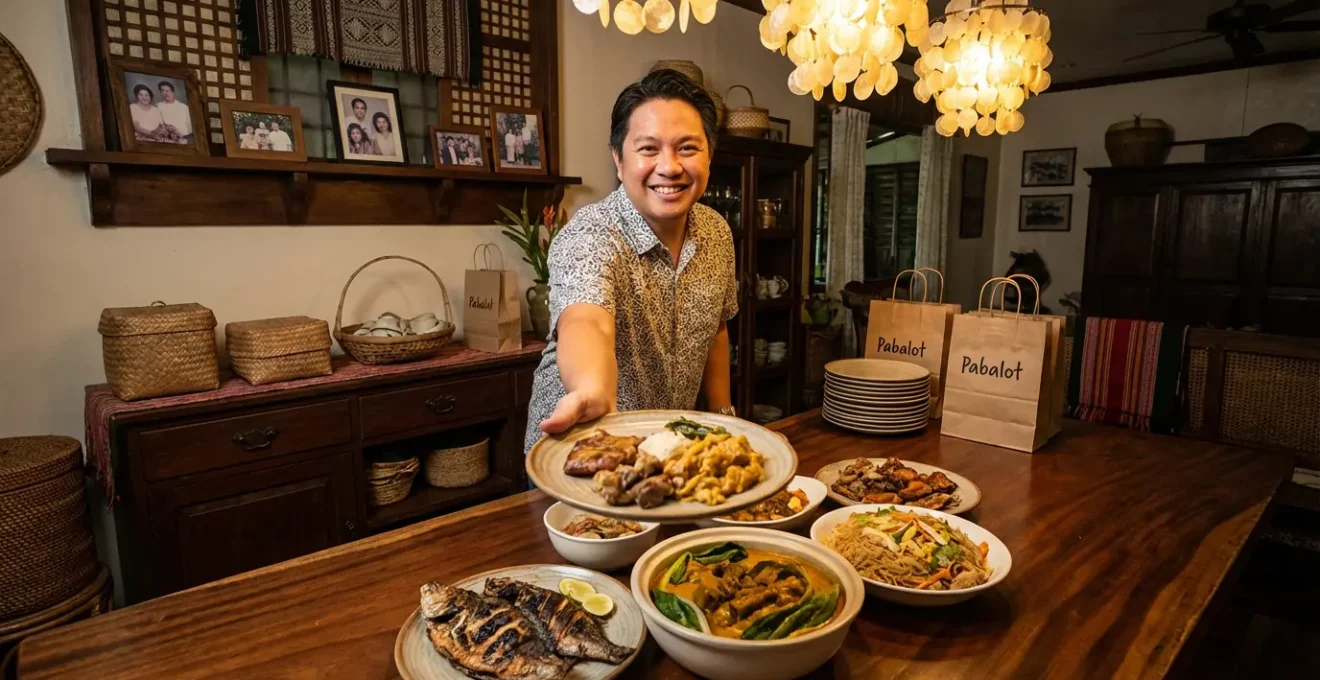 Traditional Filipino hospitality scene with host offering food