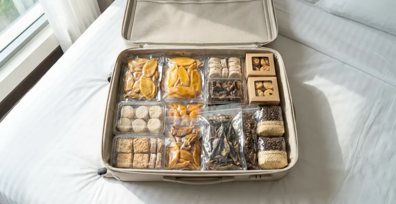 Traditional Filipino food souvenirs arranged for travel packing