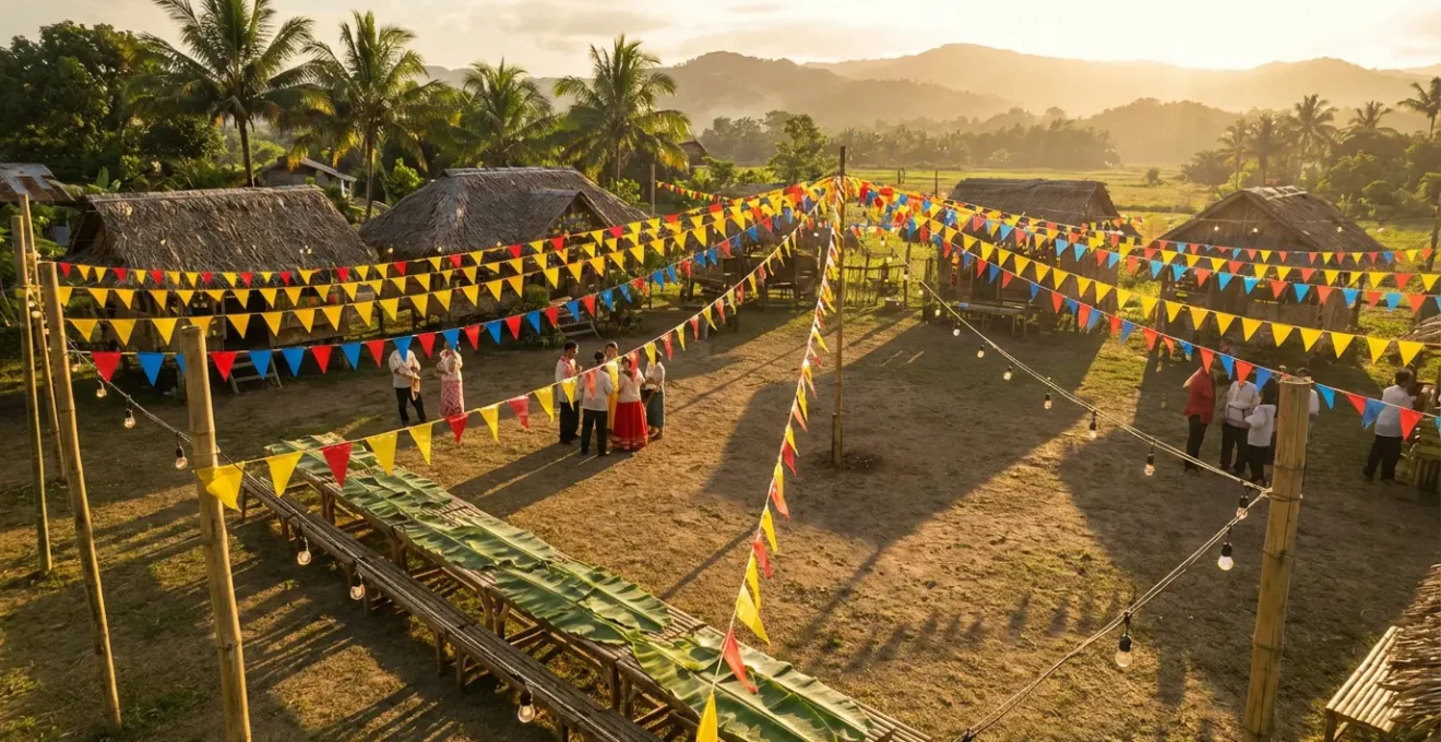 Vibrant community fiesta celebration in a rural Filipino barangay with colorful decorations and gathering