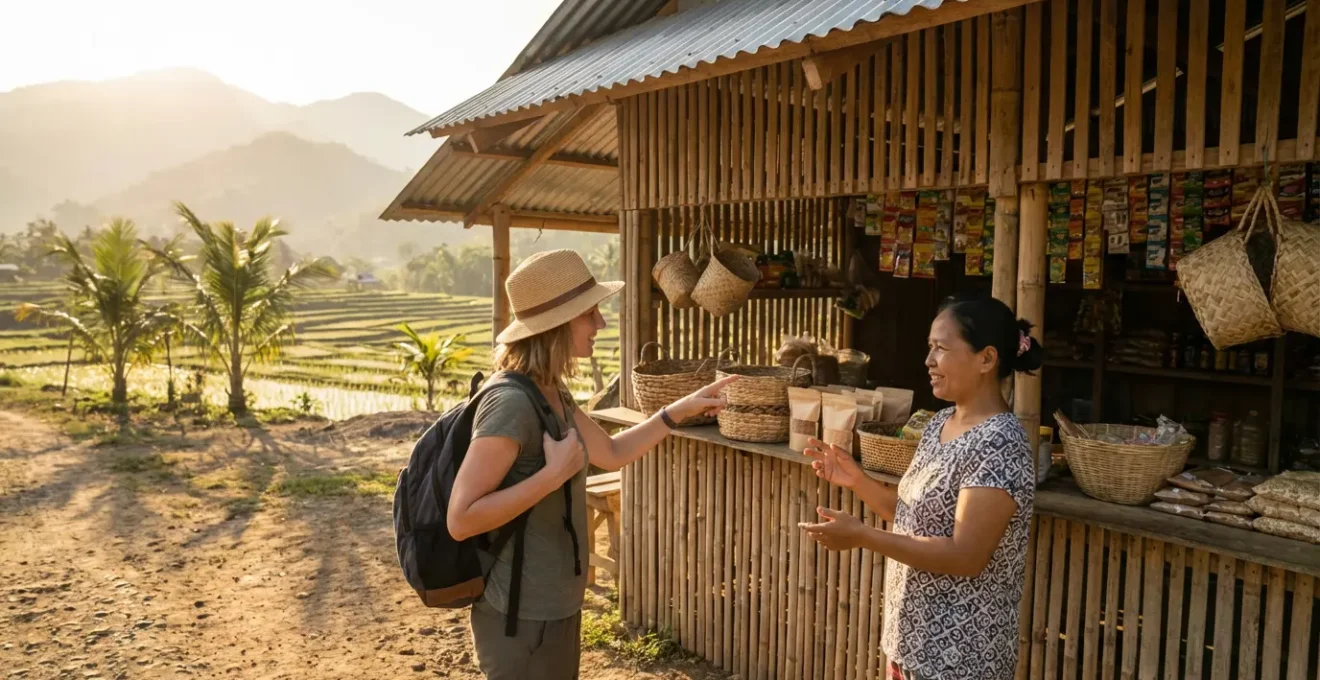 A traveler using hand gestures to communicate with a local vendor in a rural Philippine setting