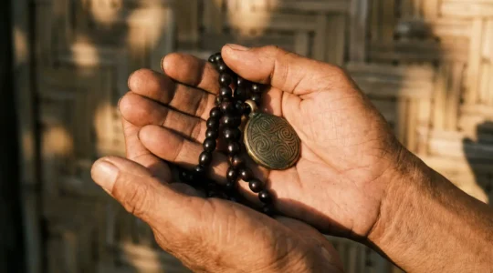 A Filipino devotee holding both a wooden rosary and traditional brass medallion amulet in weathered hands
