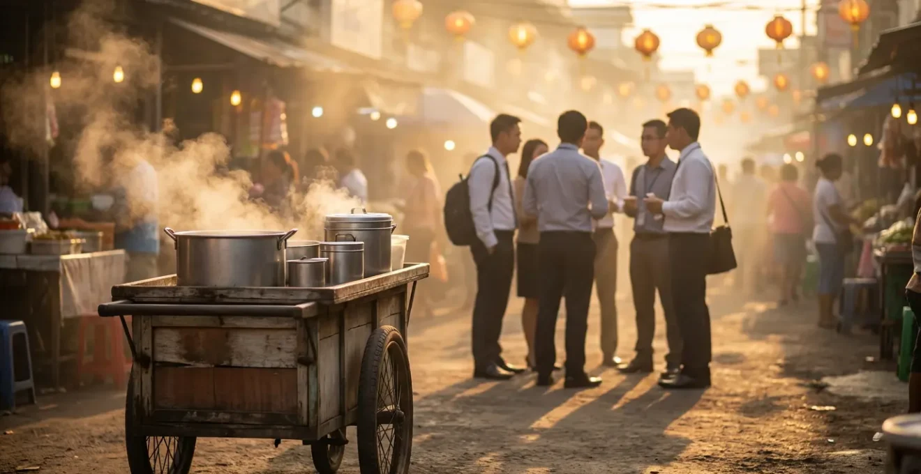 Wide atmospheric view of busy Filipino street food scene at dusk