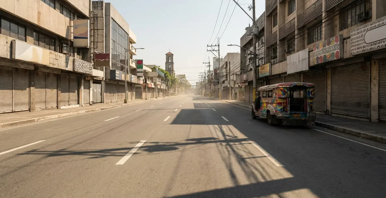 Eerily empty Manila street on Good Friday with abandoned jeepney and closed shops