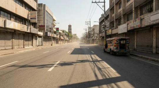Eerily empty Manila street on Good Friday with abandoned jeepney and closed shops