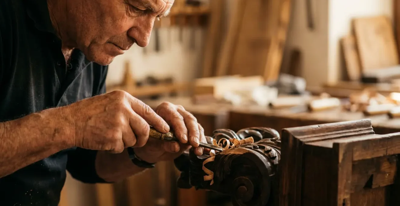 Traditional craftsmen working on detailed restoration of church architectural elements