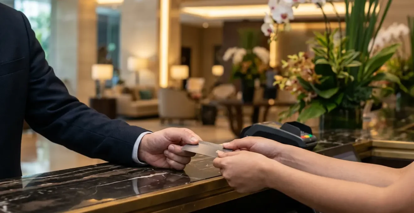 Elegant hotel reception desk with credit card terminal and guest checking in