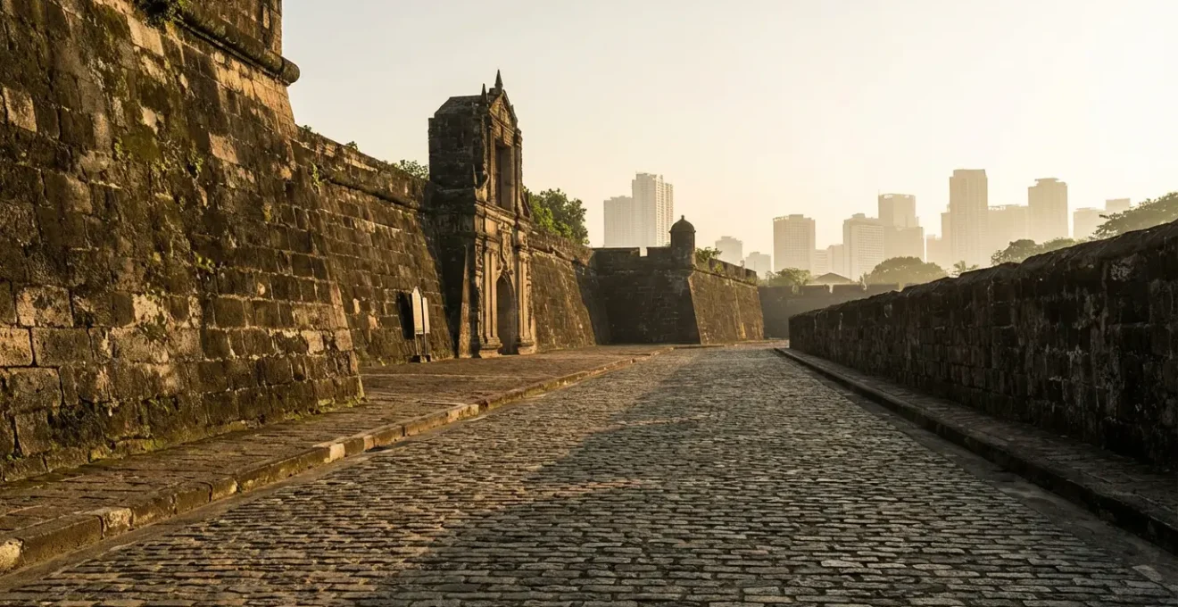 Historic stone walls of Intramuros Manila at golden hour with Fort Santiago in background