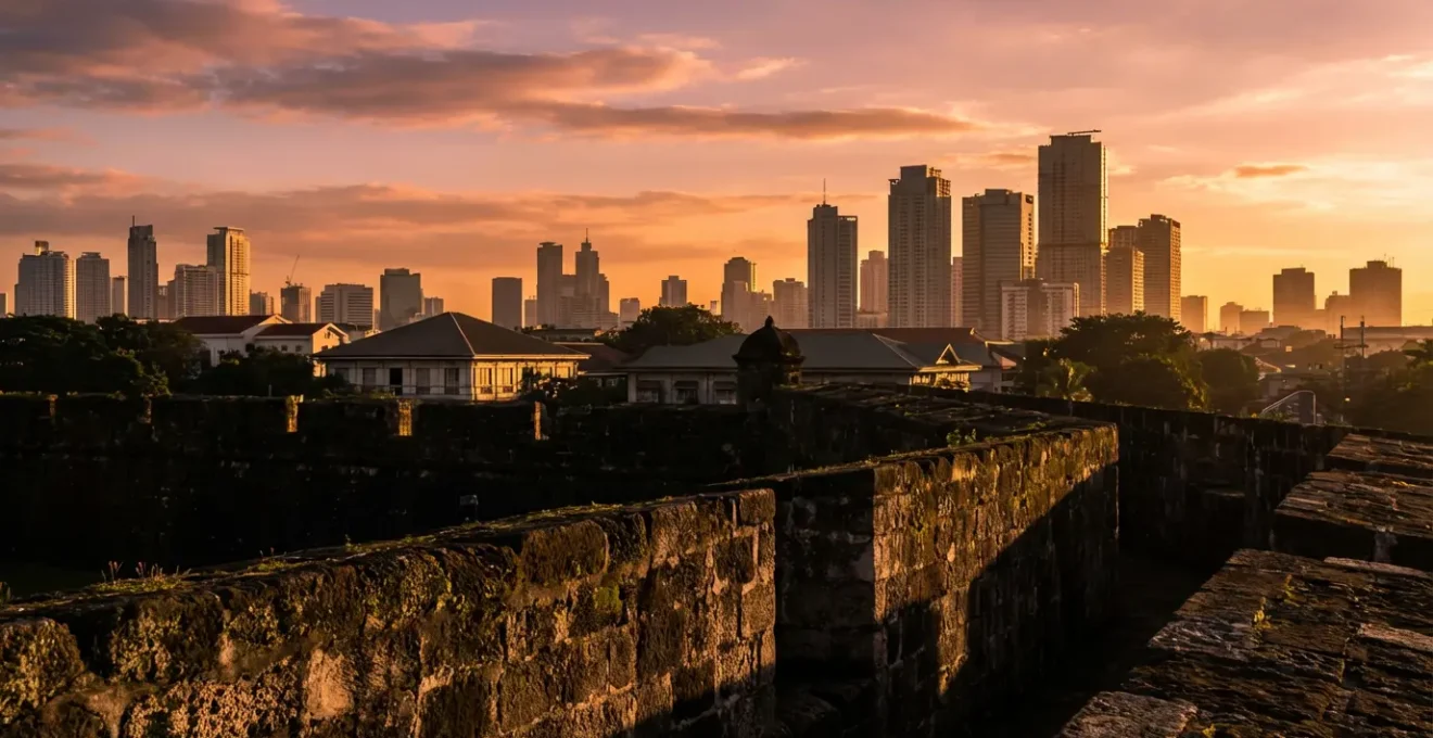Ancient stone walls of Intramuros bathed in golden sunset light with city skyline