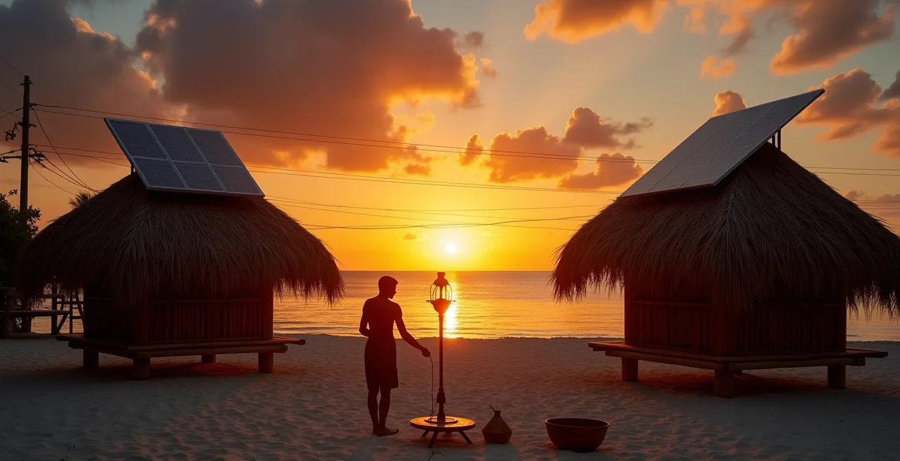 Solar panels on traditional Filipino beach huts during golden hour
