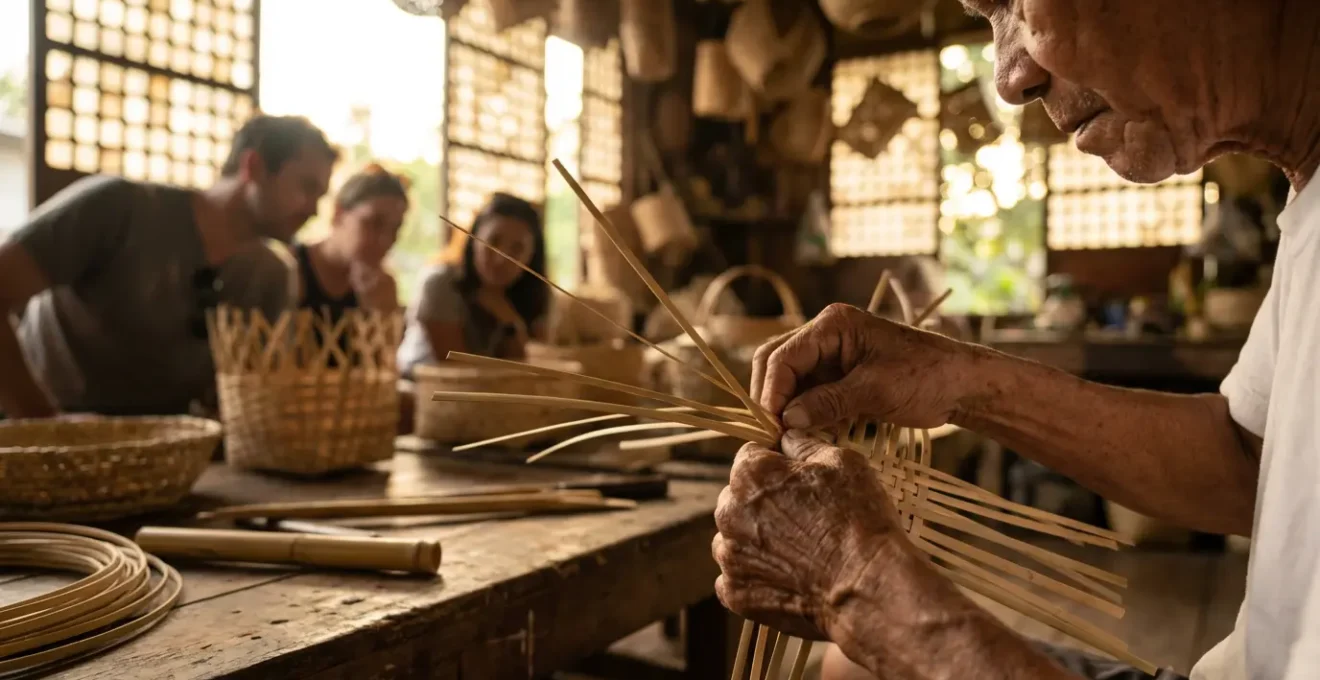 Filipino artisan demonstrating traditional weaving technique to travelers in a workshop setting