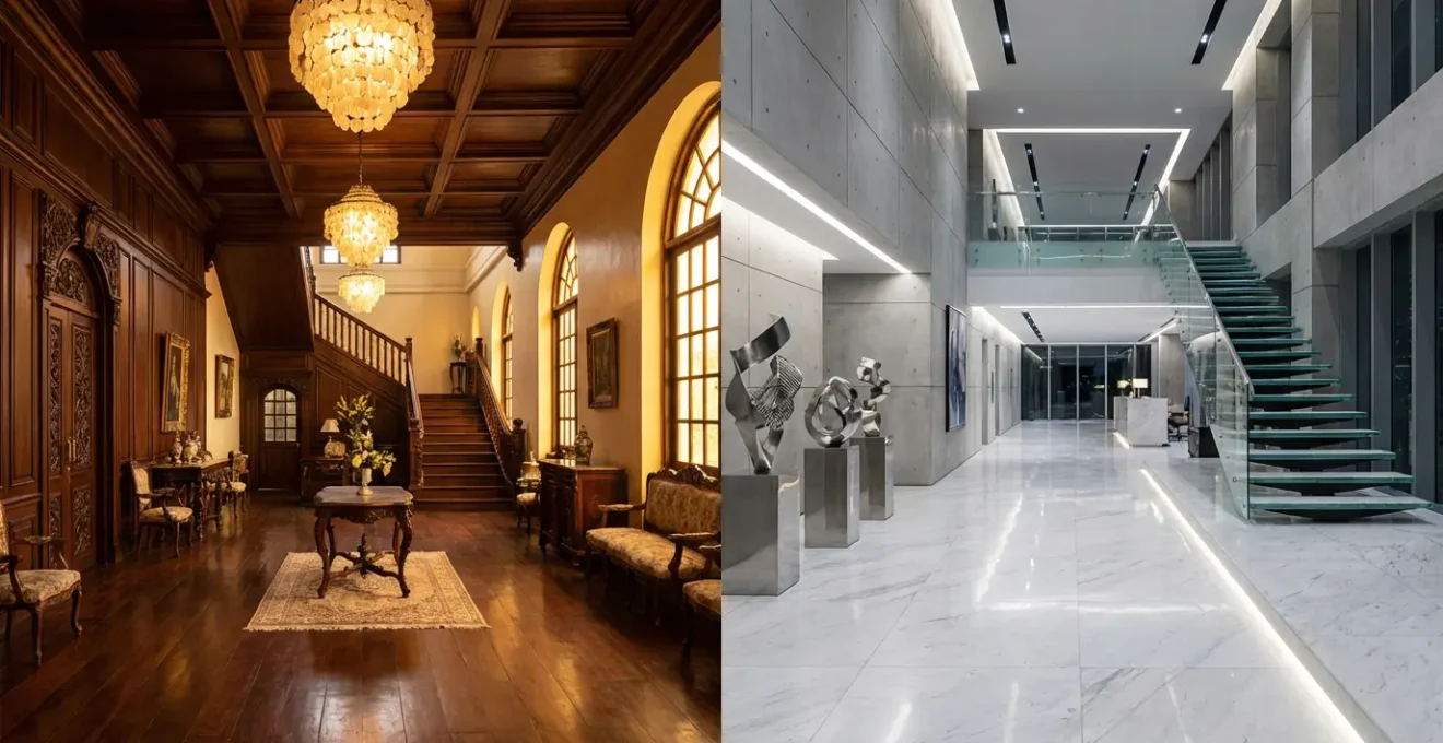 Split-view composition of Manila luxury hotel interiors showcasing heritage architecture versus modern design