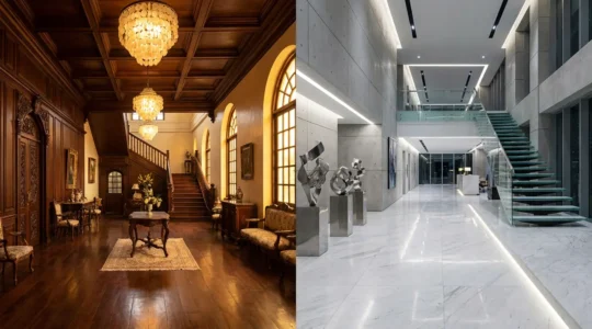 Split-view composition of Manila luxury hotel interiors showcasing heritage architecture versus modern design