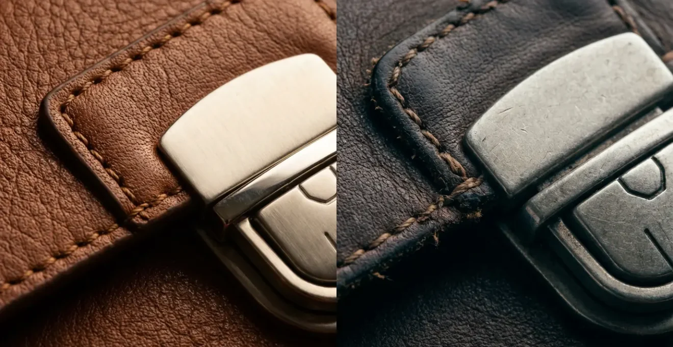 Close-up comparison of authentic vs replica luxury bag stitching and hardware details