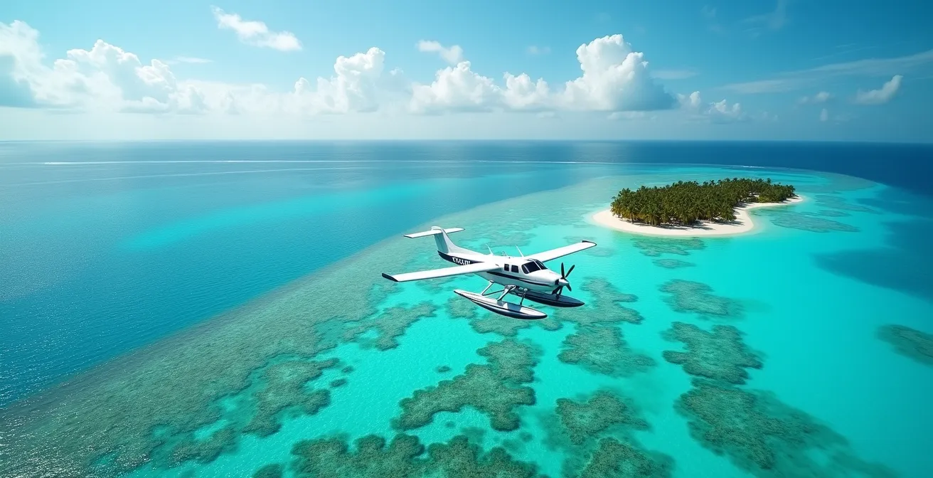 Private seaplane approaching remote tropical island resort with turquoise waters and coral reefs visible from aerial perspective