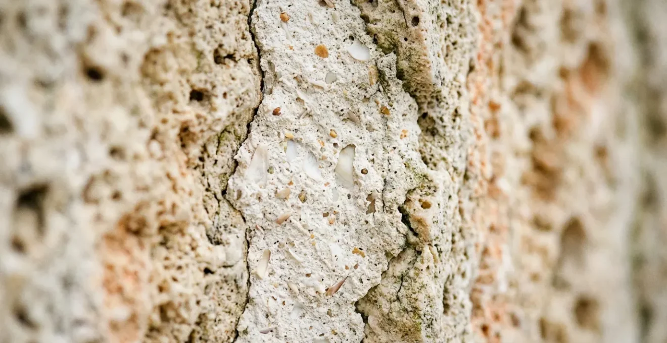 Extreme close-up of historical church mortar showing egg white binding texture