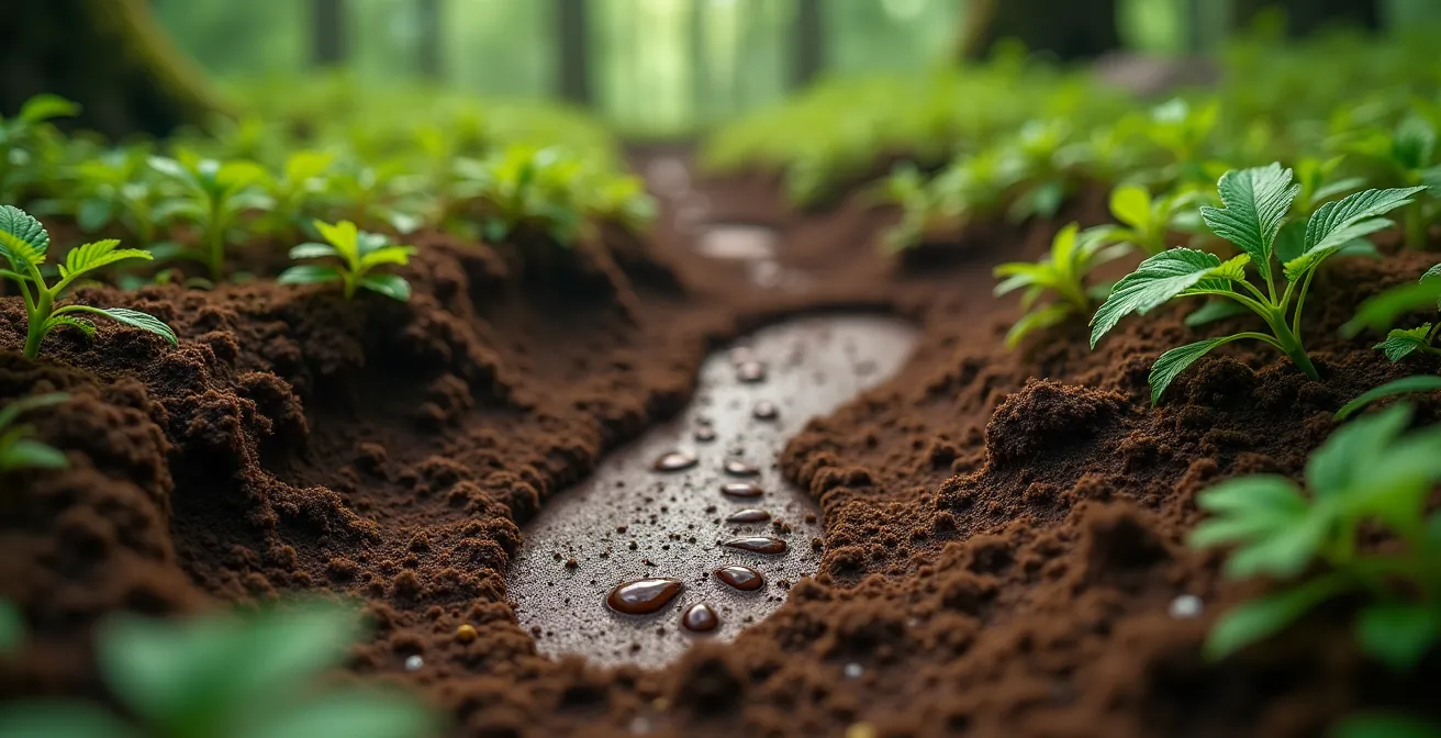 Extreme close-up of muddy forest trail showing footprint impact patterns