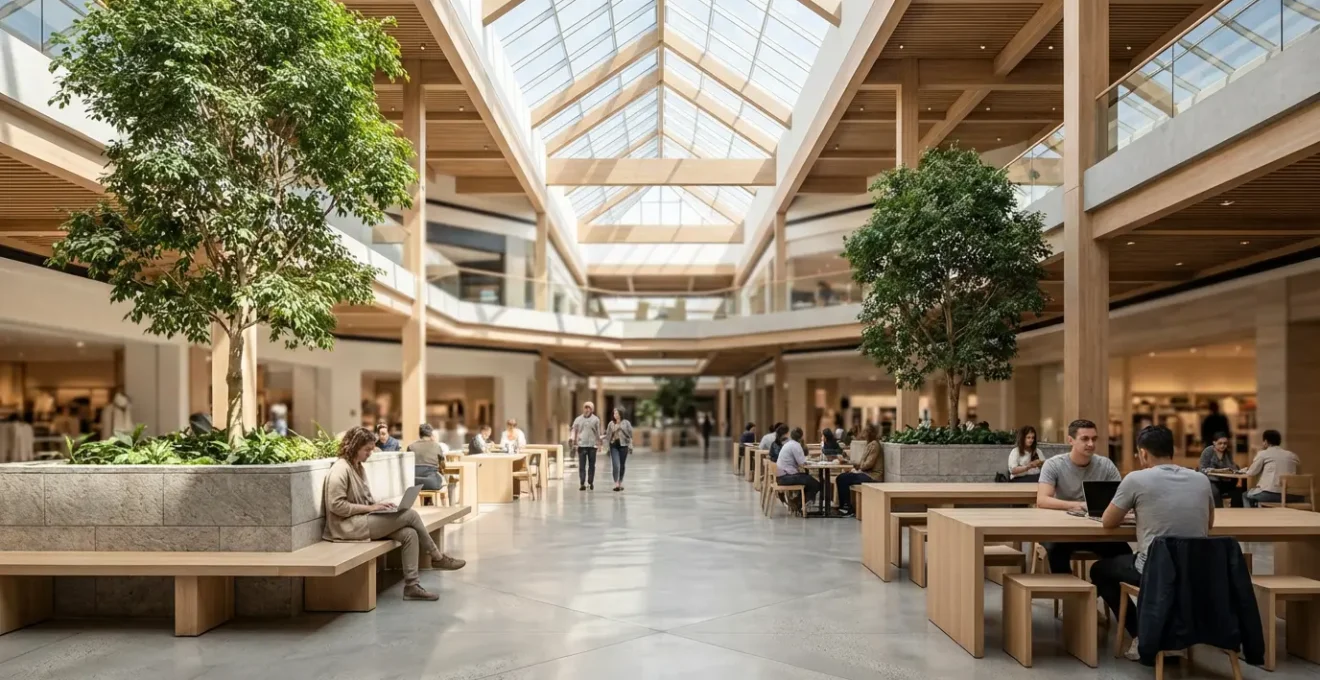 Wide angle view of modern mall atrium with people working at scattered seating areas