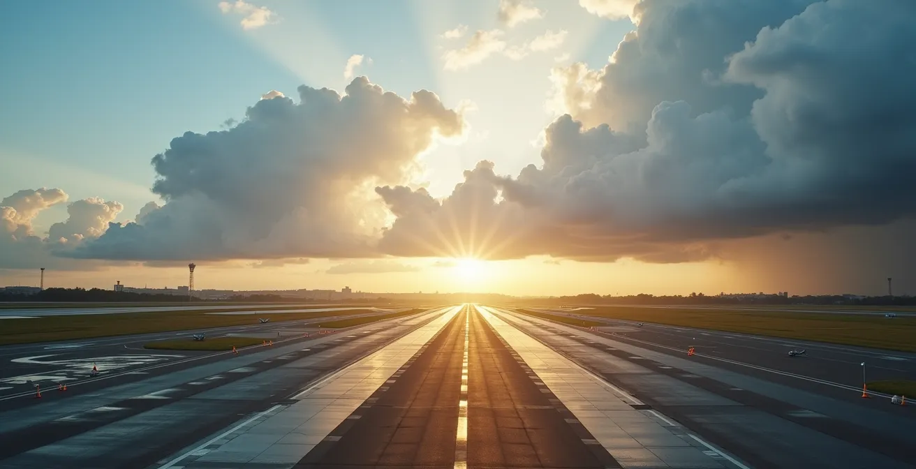 Aerial view of Manila airport during afternoon with storm clouds building