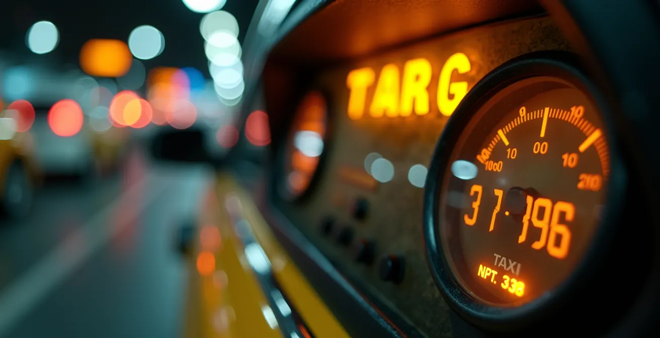 Close-up of taxi meter and official airport taxi queue signage